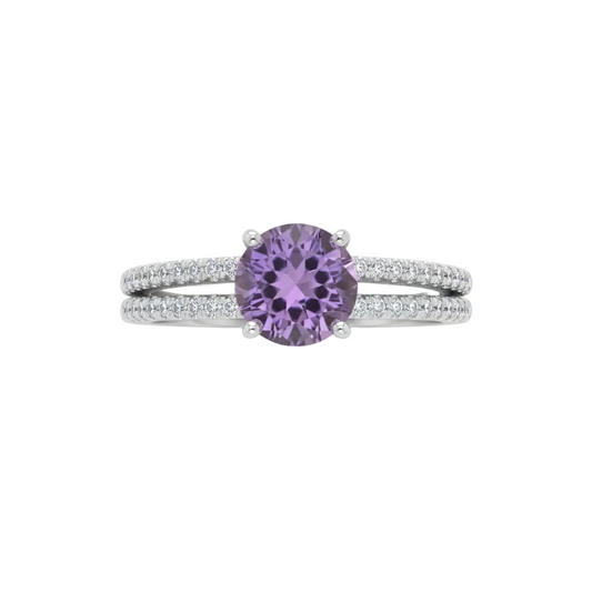 Anello Solitario in Argento 925 con Ametista e Pavé di Zirconi - Vista Frontale