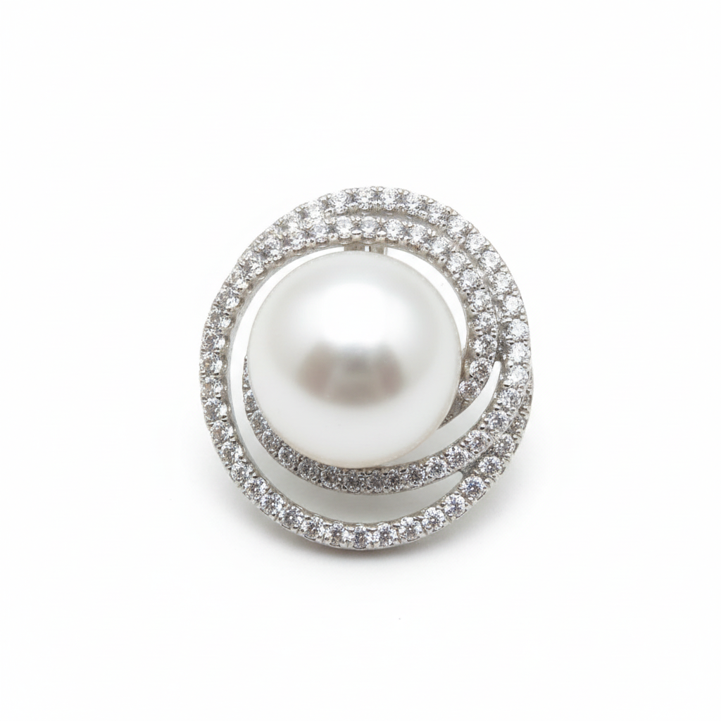 Pendente perla doppio anello zirconi argento