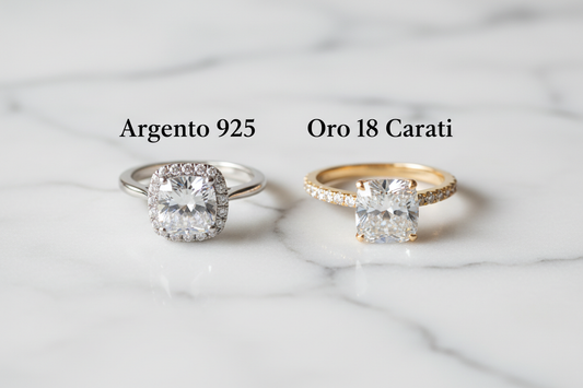 Anello in argento 925 e anello in oro 18 carati a confronto su marmo bianco - Gabriel Milano