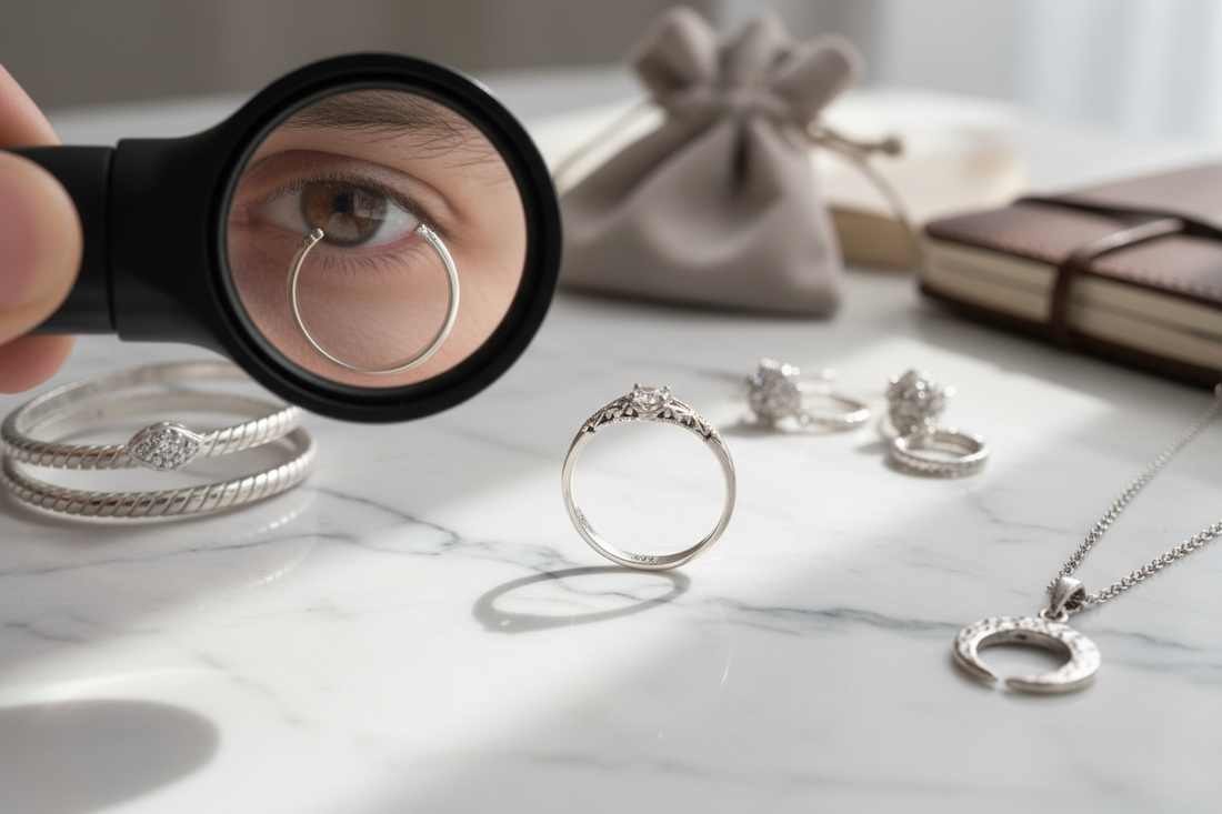 Lente da gioielliere che esamina un anello in argento 925 su marmo bianco - Gabriel Milano