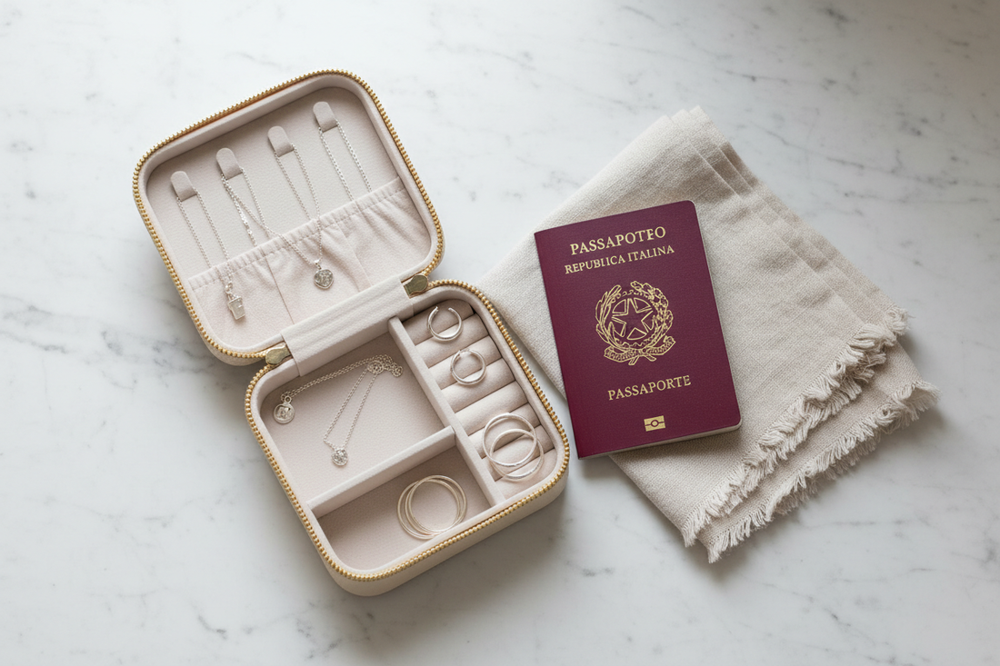 Porta-gioielli da viaggio aperto con gioielli in argento 925 e passaporto europeo su marmo bianco - Gabriel Milano
