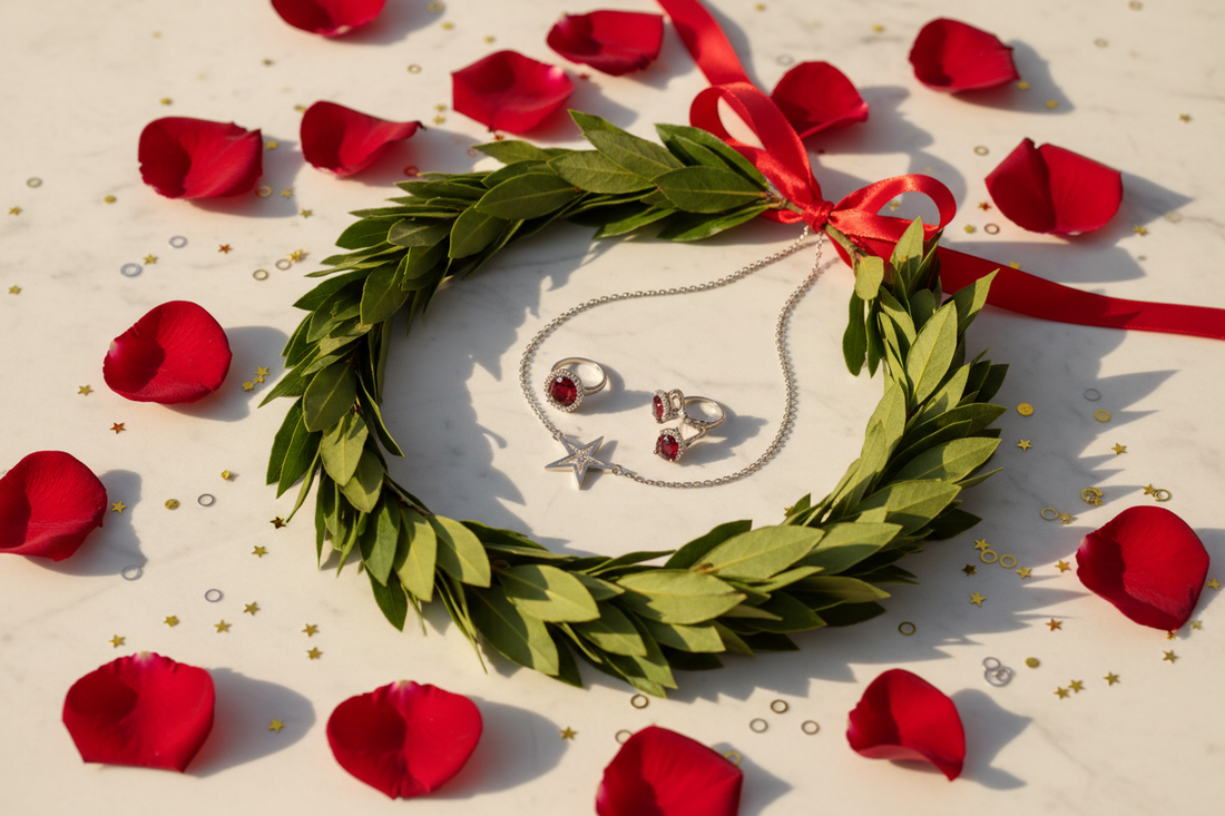 Gioielli in argento 925 per la laurea con corona d'alloro, nastro rosso, petali di rose rosse e coriandoli dorati - Gabriel Milano