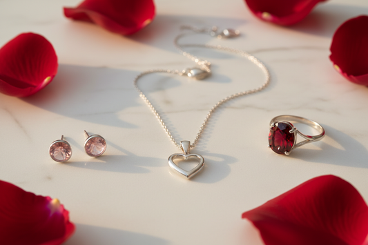 Gioielli romantici in argento 925 per San Valentino: collana con cuore, anello con granato e orecchini rosa con petali di rosa - Gabriel Milano