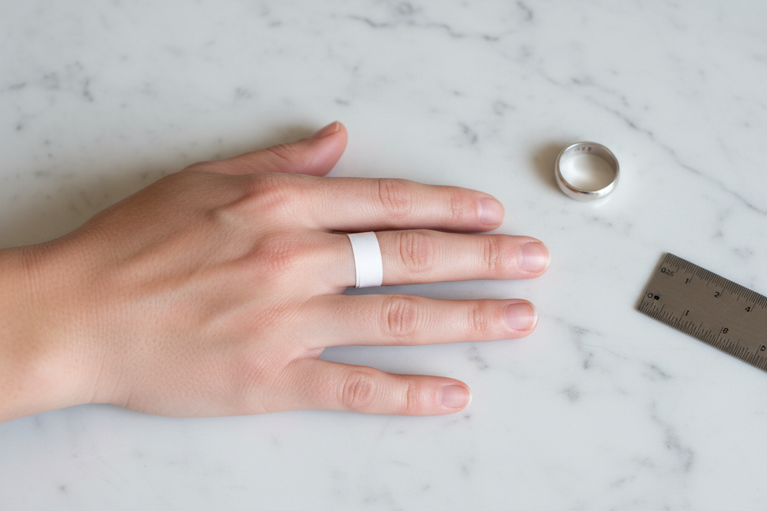 Striscia di carta avvolta alla base del dito anulare per misurare la taglia dell'anello, con anello in argento 925 e righello su marmo bianco - Gabriel Milano