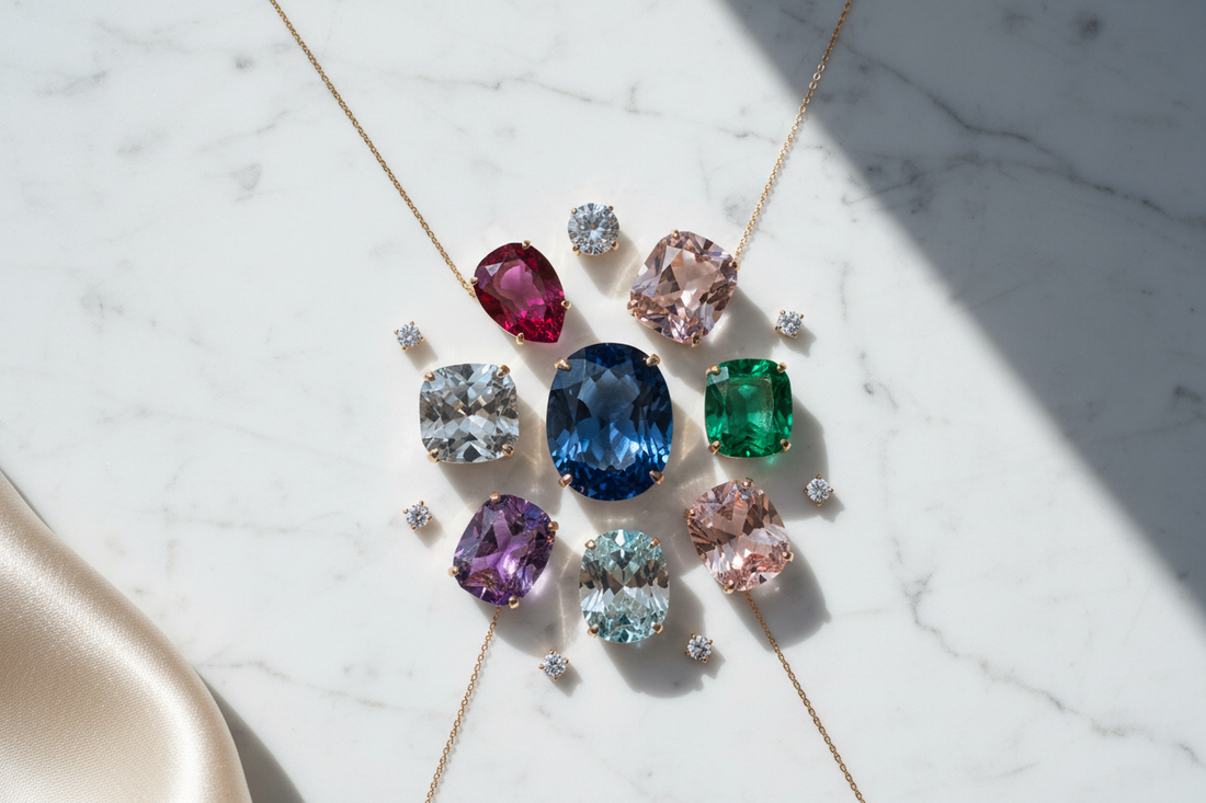 Pietre preziose su marmo bianco - zaffiro, rubino, smeraldo, ametista, acquamarina, morganite - Gabriel Milano