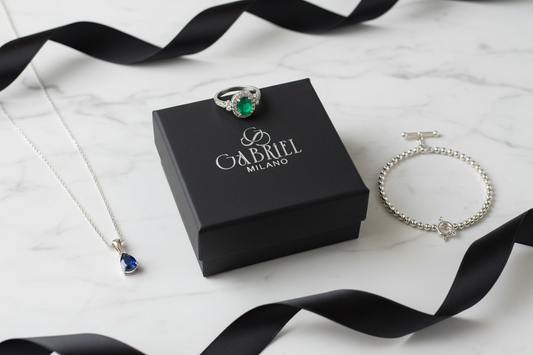 Gioielli in argento 925 con scatola regalo Gabriel Milano su marmo bianco