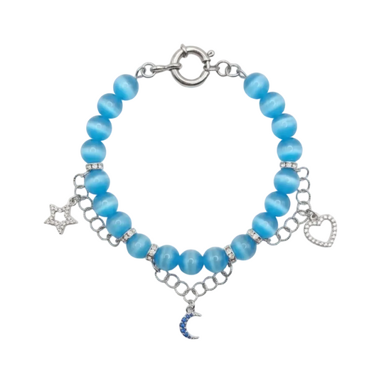 Bracciale in occhio di gatto con charm e zirconi pendenti in argento 925 rodiato