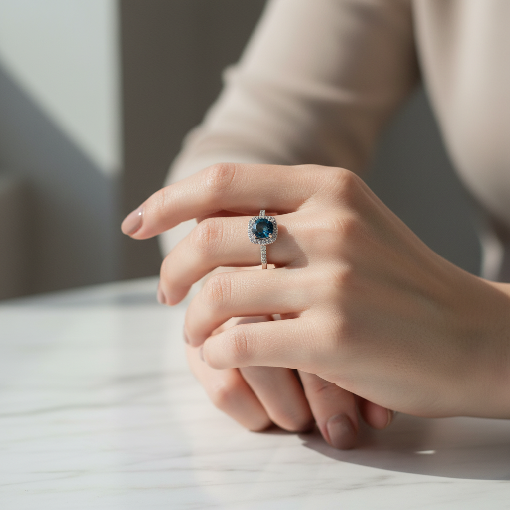 Anello topazio London Blue indossato - gemma proporzionata