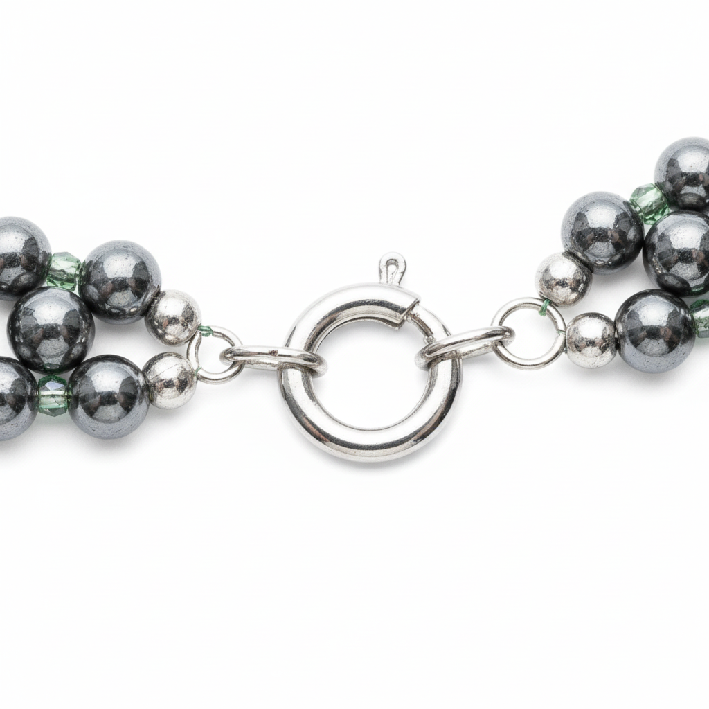 Chiusura collana ematite grigia zirconi verdi argento 925