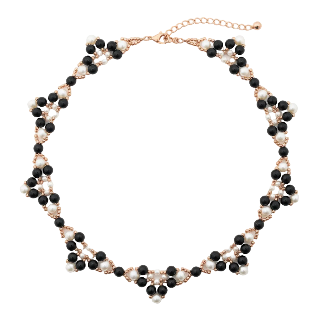 River pearl and onyx necklace with rose gold hematite in 925 rose gold-plated silver