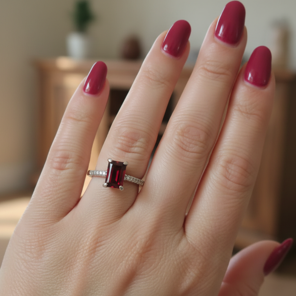 Anello in argento 925 con granato indossato