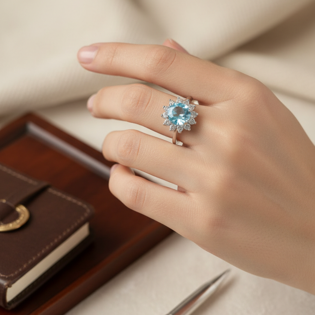 Anello in argento 925 con topazio azzurro e zirconi