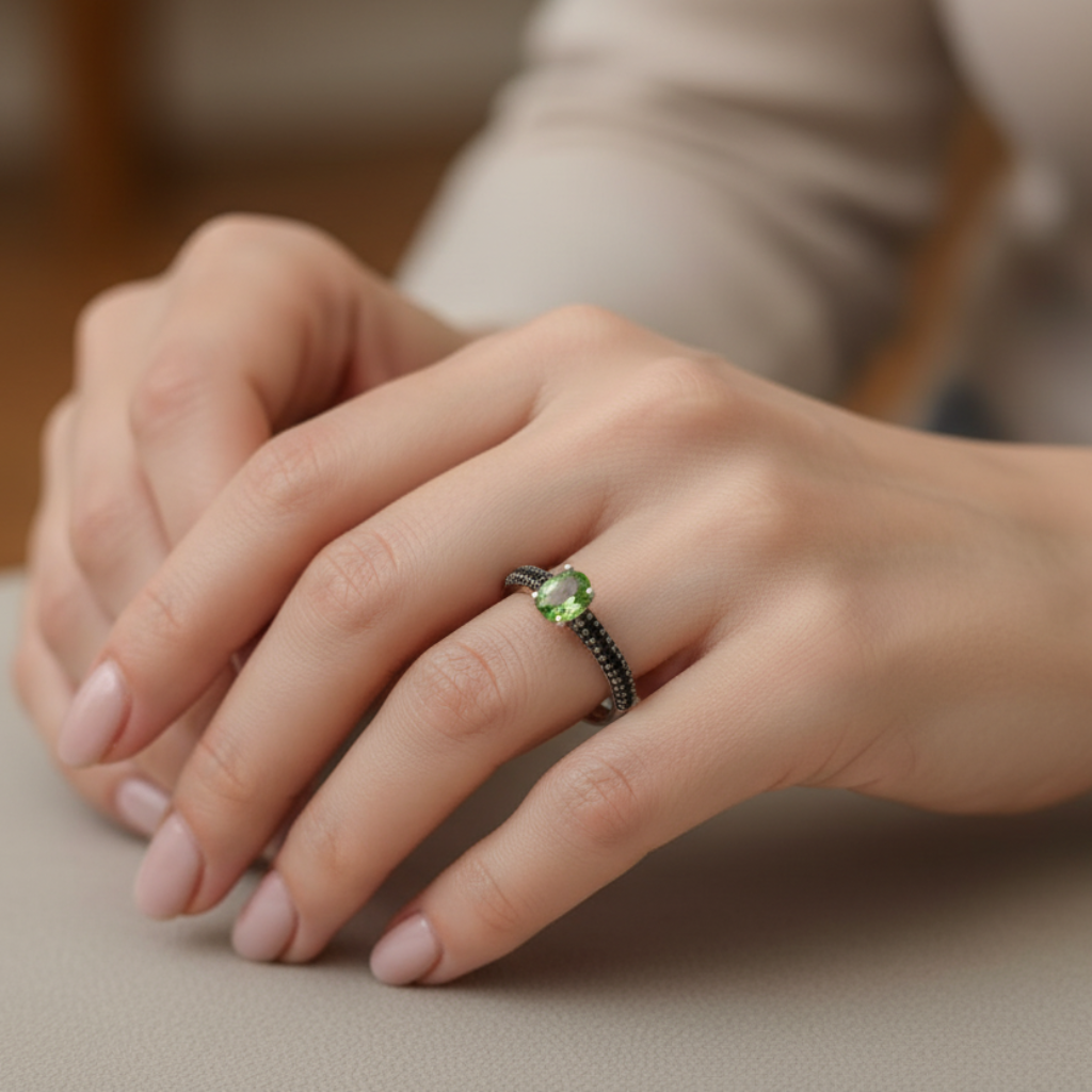 Anello in argento 925 con tormalina verde indossato