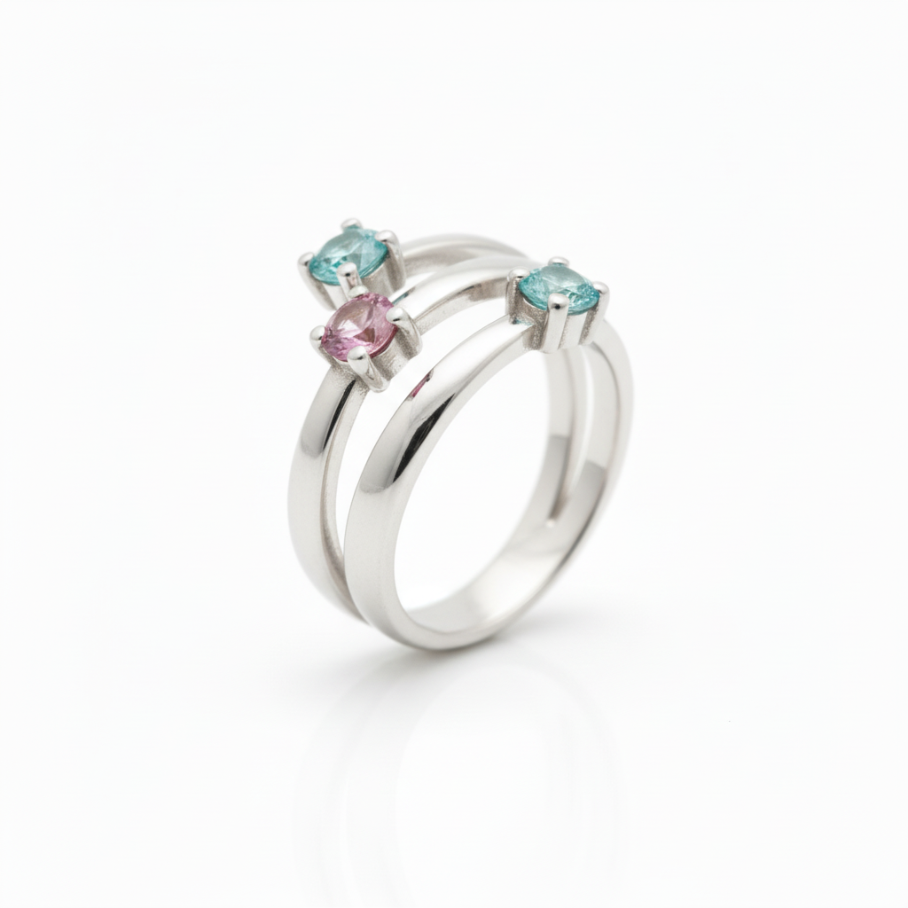 Anello in Argento 925 con Tormalina Rosa e Apatiti - Vista Verticale