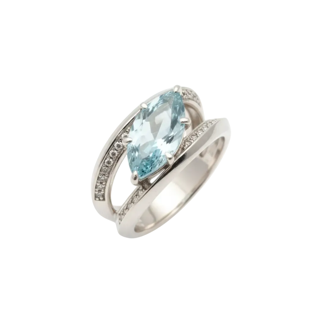 Anello in Argento 925 con Acquamarina - Vista Tre Quarti Rialzata