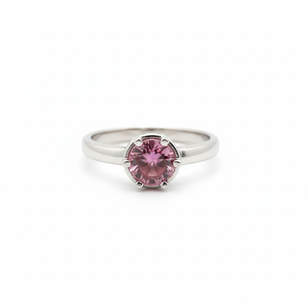 Anello Solitario in Argento 925 con Tormalina Rosa - Vista Frontale