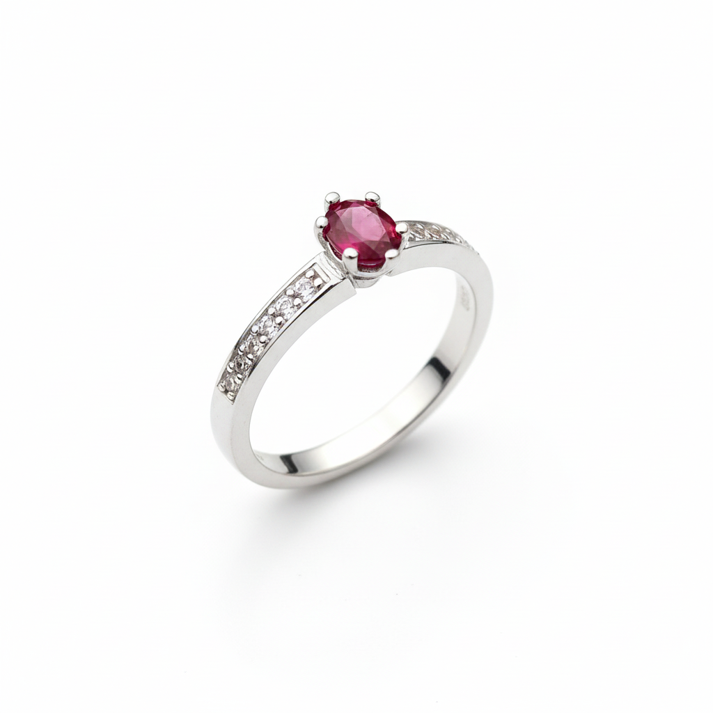 Anello in argento 925 con rubino vista tre quarti