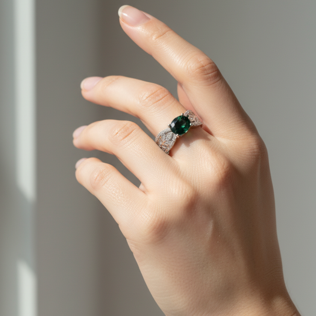 925 silver ring with chrome tourmaline and zirconia