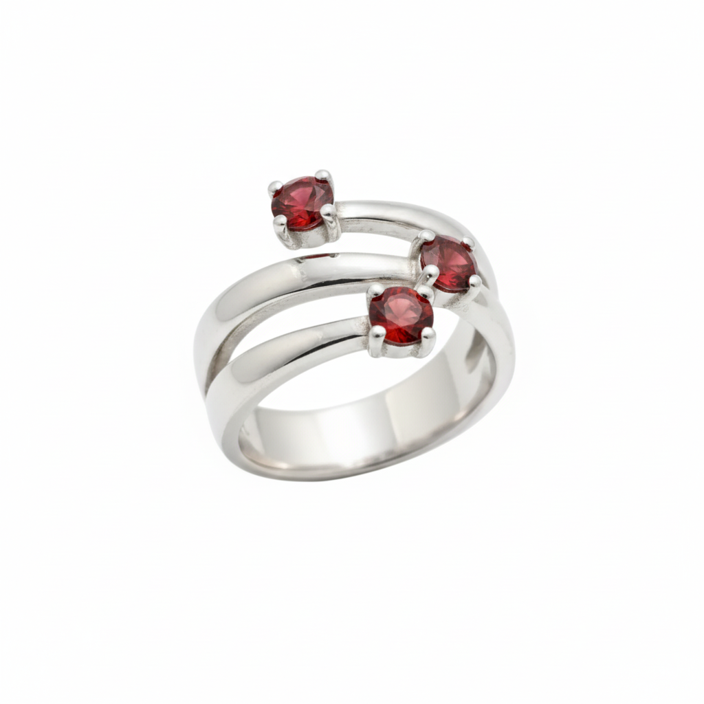 Anello Trilogy Spirale con Granati - Vista Tre Quarti