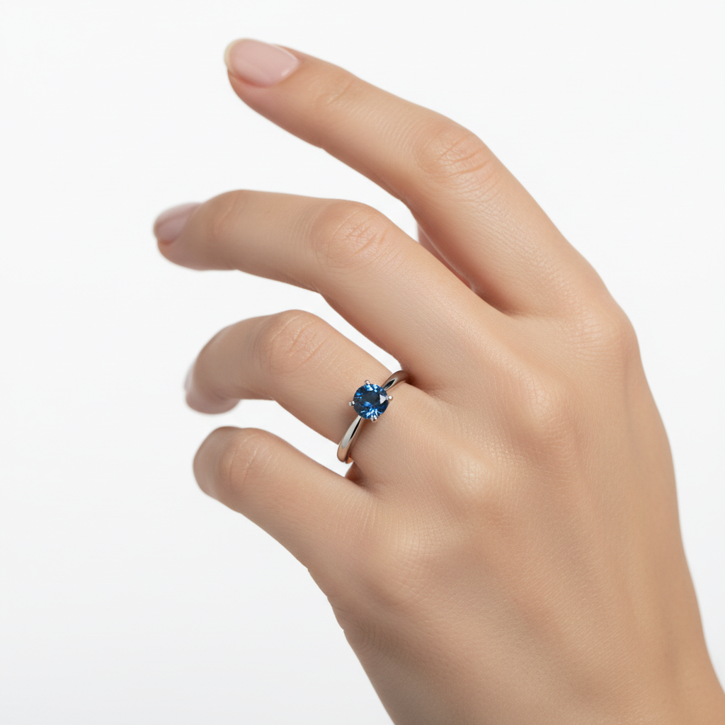 Anello con topazio blu indossato