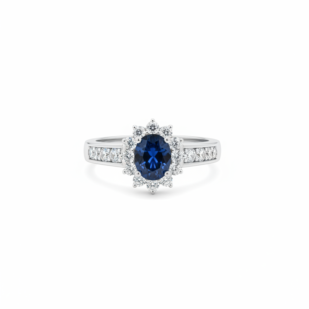 Anello in Argento 925 con Zaffiro e Zirconi - Vista Frontale