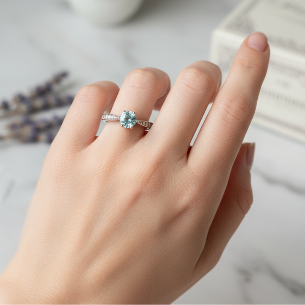 925 silver ring with aquamarine and zirconia