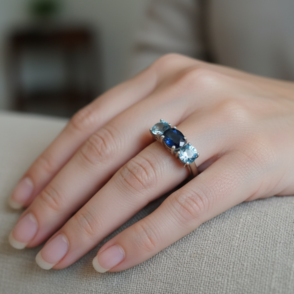 Anello in argento 925 con zaffiro blu e topazi indossato