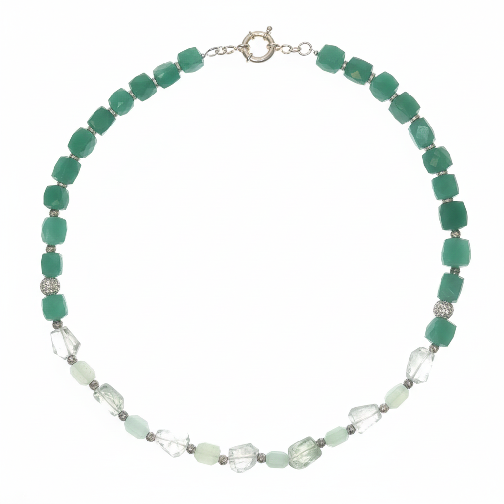 Collana onice verde, prasiolite e prehnite con argento 925 rodiato