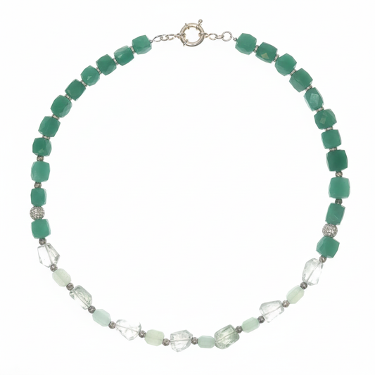 Collana onice verde, prasiolite e prehnite con argento 925 rodiato
