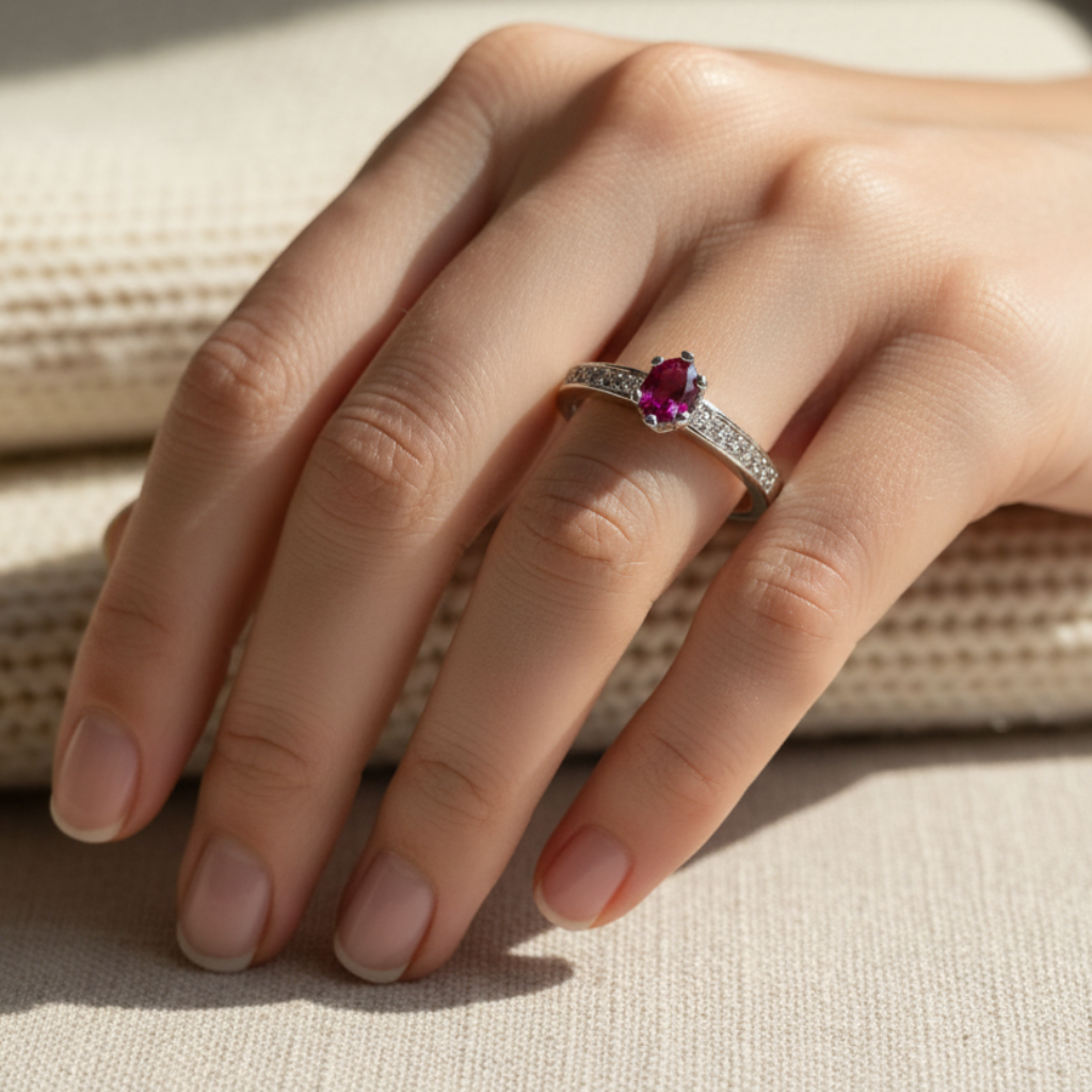 Anello in argento 925 con rubino indossato