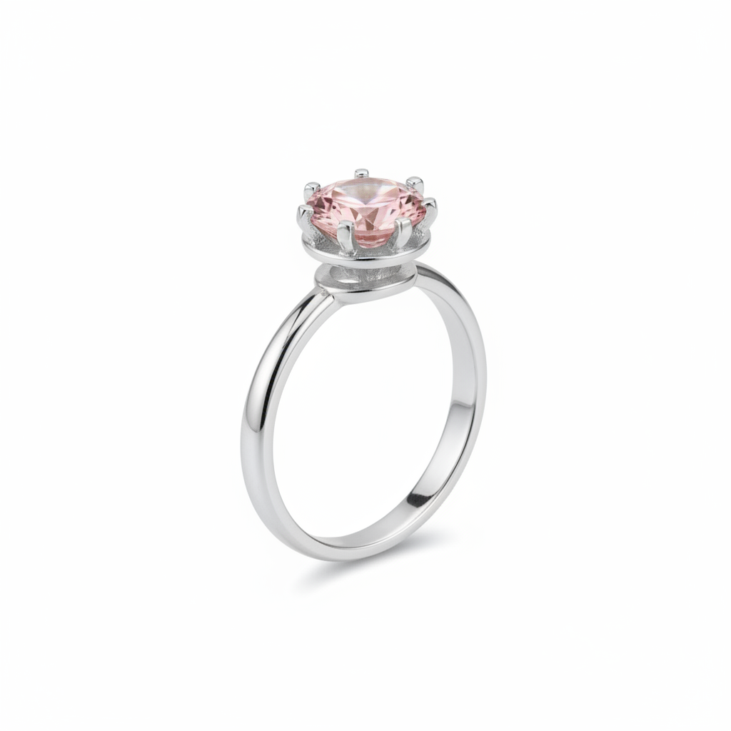 Anello Solitario in Argento 925 con Tormalina Rosa - Vista Tre Quarti