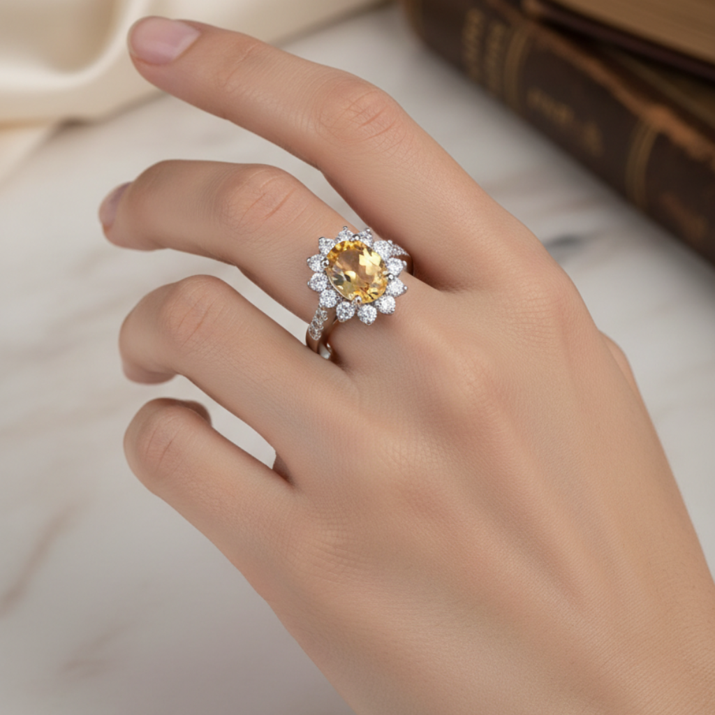 925 silver ring with citrine and zirconia