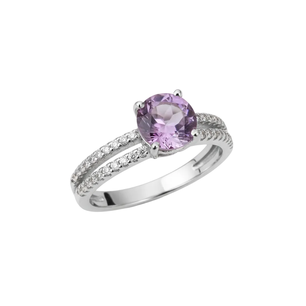 Anello Solitario in Argento 925 con Ametista e Pavé di Zirconi - Vista Tre Quarti