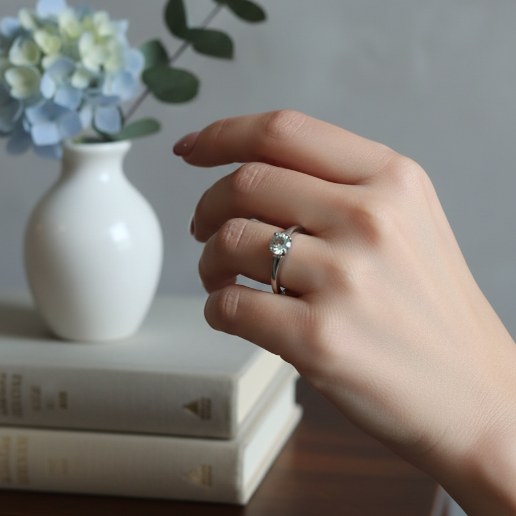 925 silver solitaire ring with oval-cut aquamarine
