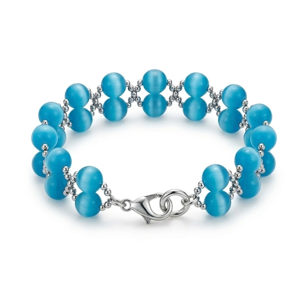 Double-strand bracelet in blue cat's eye with 925 silver